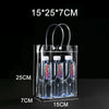 A clear PVC gift tote bag filled with seven small glass bottles, showing the dimensions of the product.
