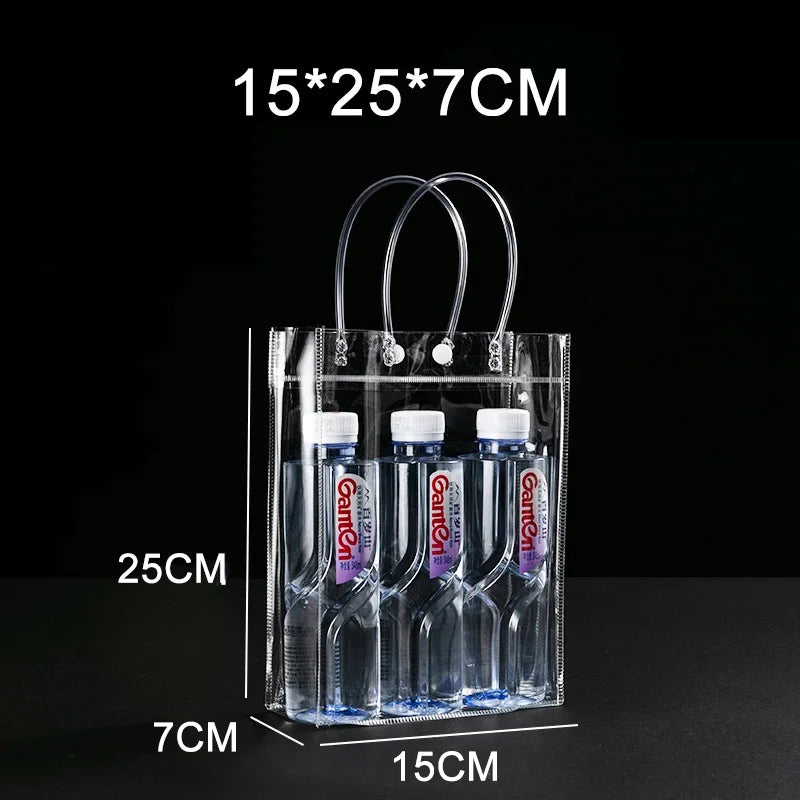 A clear PVC gift tote bag filled with seven small glass bottles, showing the dimensions of the product.