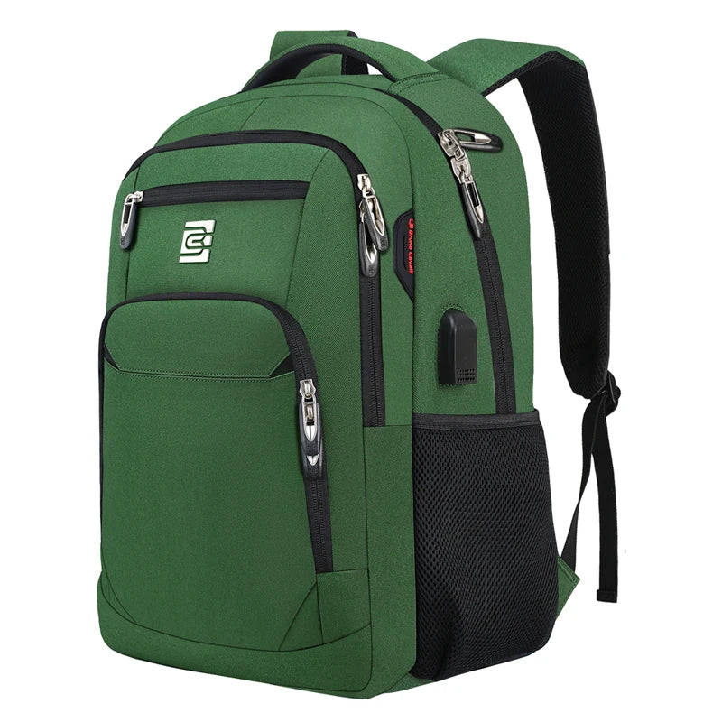 Sac à dos d'ordinateur portable pour les voyages d'affaires vert foncé avec accents et sangles noires.
