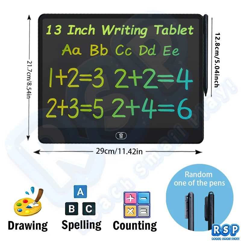 An 13 inch writing tablet displaying a grid of letters and numbers for drawing, spelling, and counting activities.