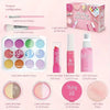 A collection of pink and purple makeup tools including brushes, lip glosses, and palettes for a styling kit.
