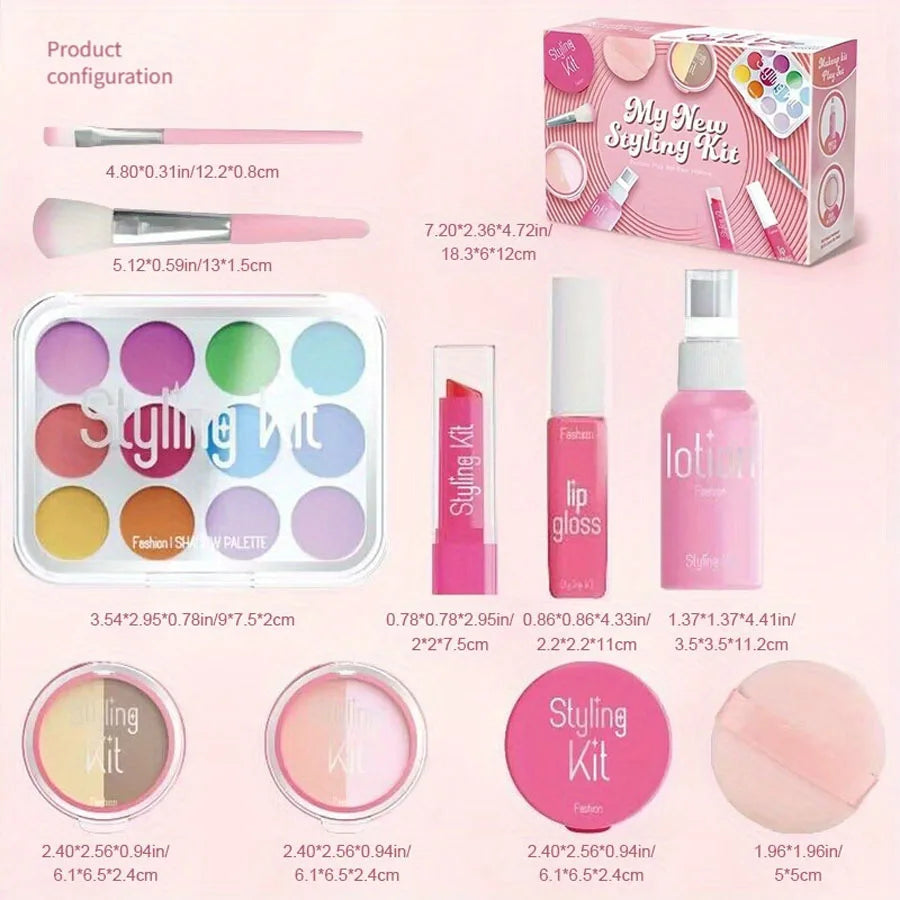 A collection of pink and purple makeup tools including brushes, lip glosses, and palettes for a styling kit.