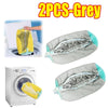Two grey reusable shoe washing bags shown with a yellow bag being placed into a washing machine.