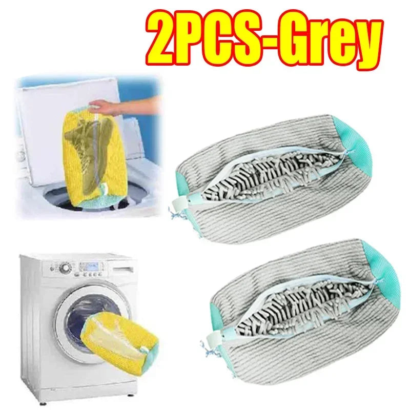 Two grey reusable shoe washing bags shown with a yellow bag being placed into a washing machine.