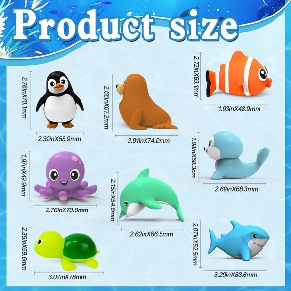 A collection of eight wind-up sea animal bath toys in various colors and shapes displayed on a white background.