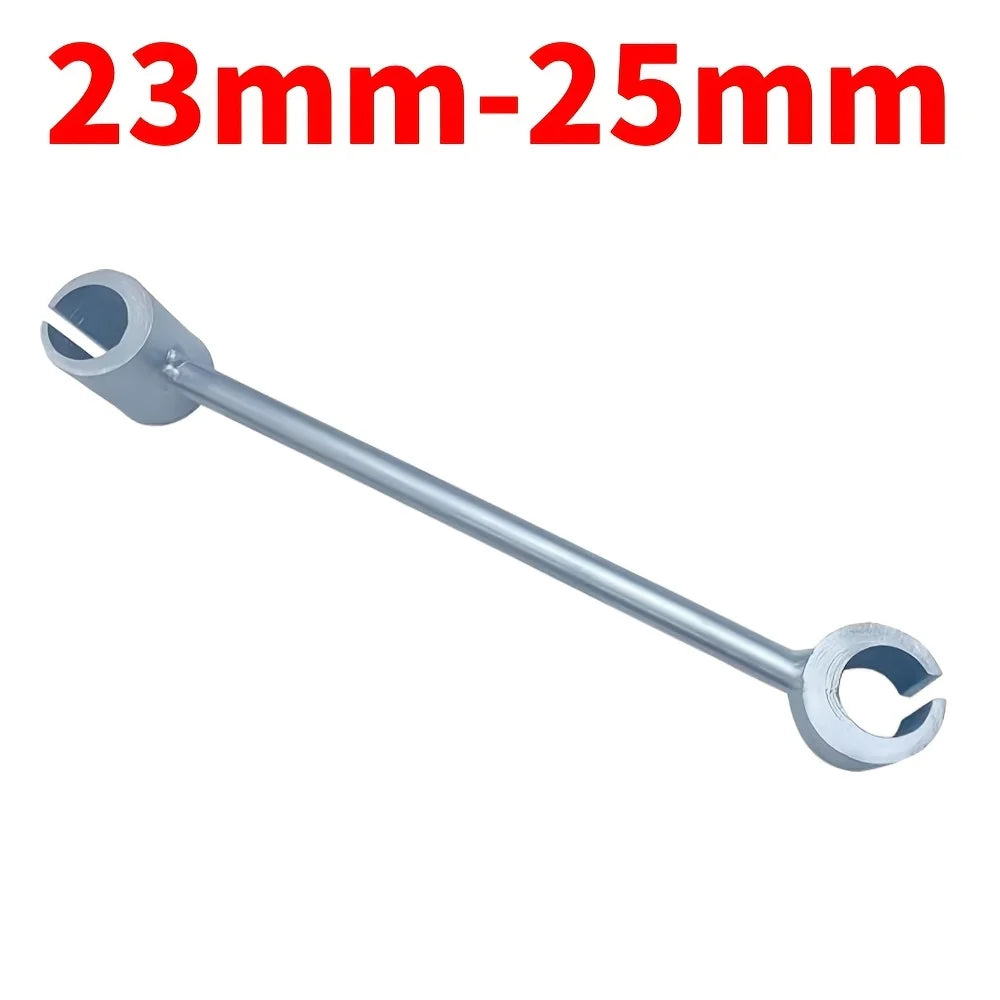 Herramienta de metal plateada para ajustar bisagras de puertas, con una abertura ranurada en un extremo.
