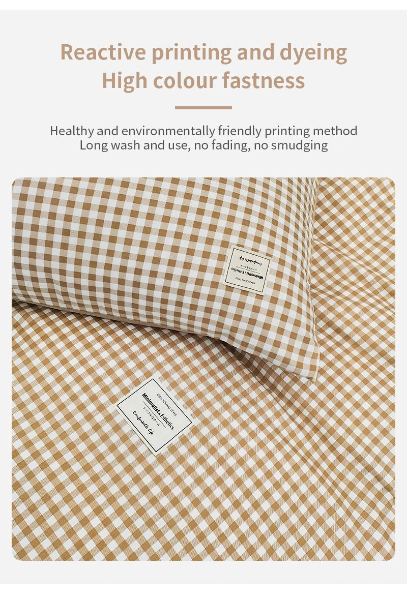 100% Cotton Duvet Cover Set with Plaid Stripe – Breathable & Skin-Friendly
