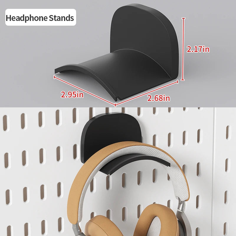 Black headphone stands shown with dimensions on a pegboard organizer surface.