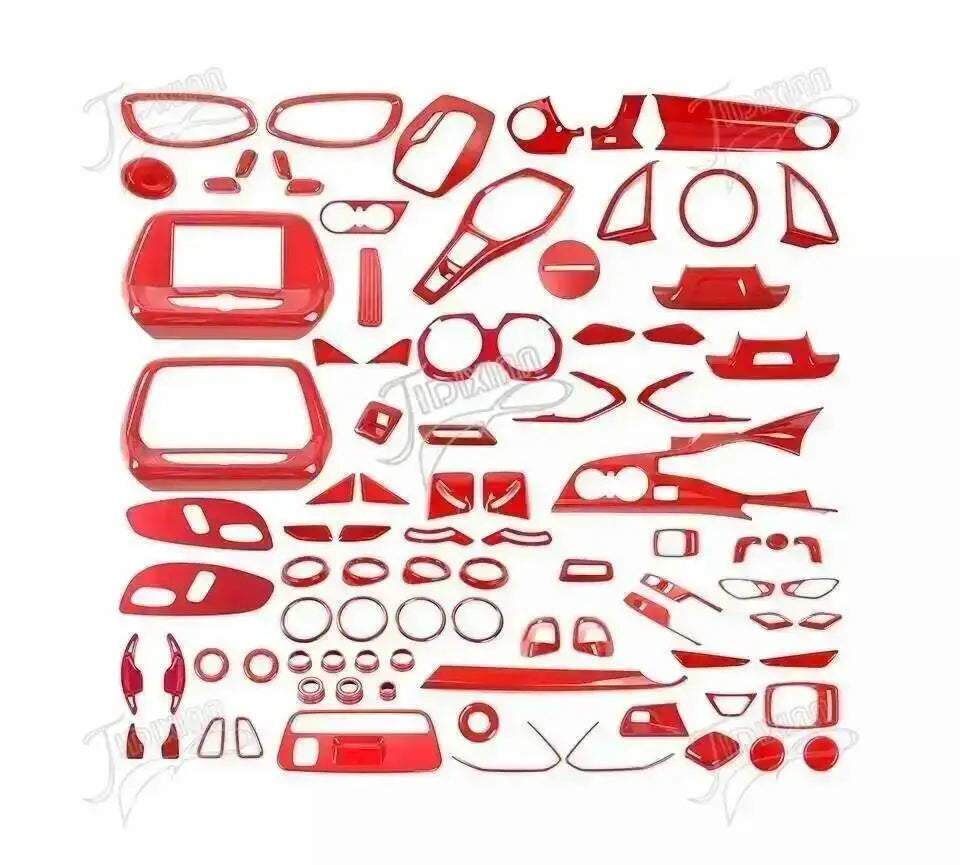A collection of red interior and exterior trim pieces for a Chevrolet Camaro vehicle.