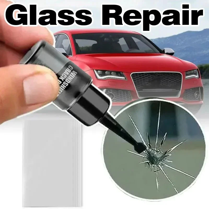 A hand holds a black glass repair tool next to a red car, with an inset showing a cracked windshield.