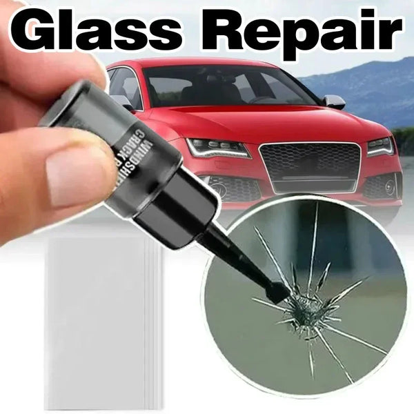 A hand holds a black glass repair tool next to a red car, with an inset showing a cracked windshield.