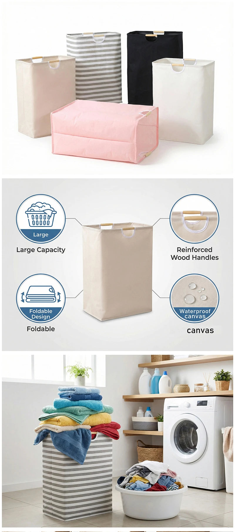 Foldable Cotton Laundry Basket with Handles