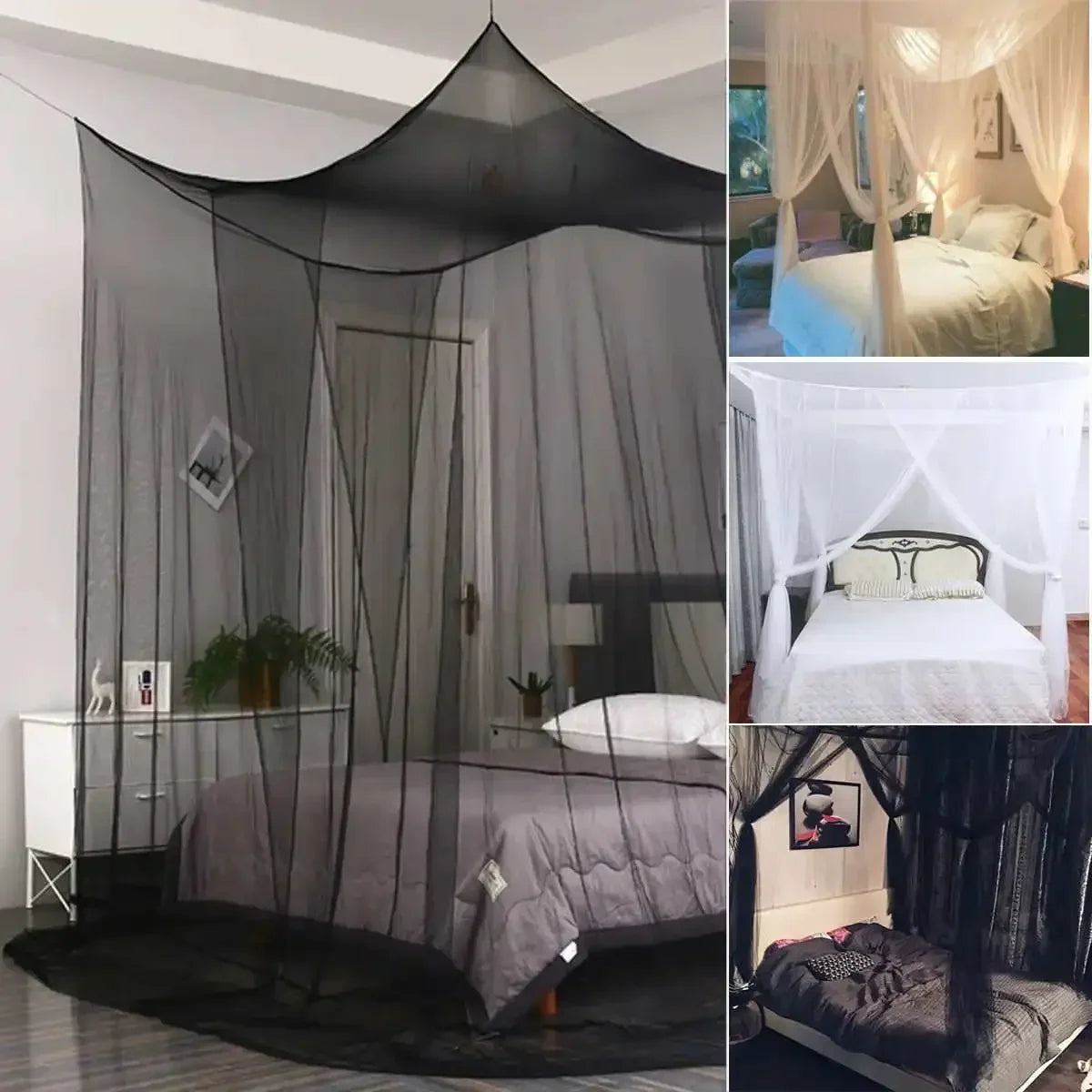 Elegant black lace canopy mosquito net draped over a bed for queen or king size