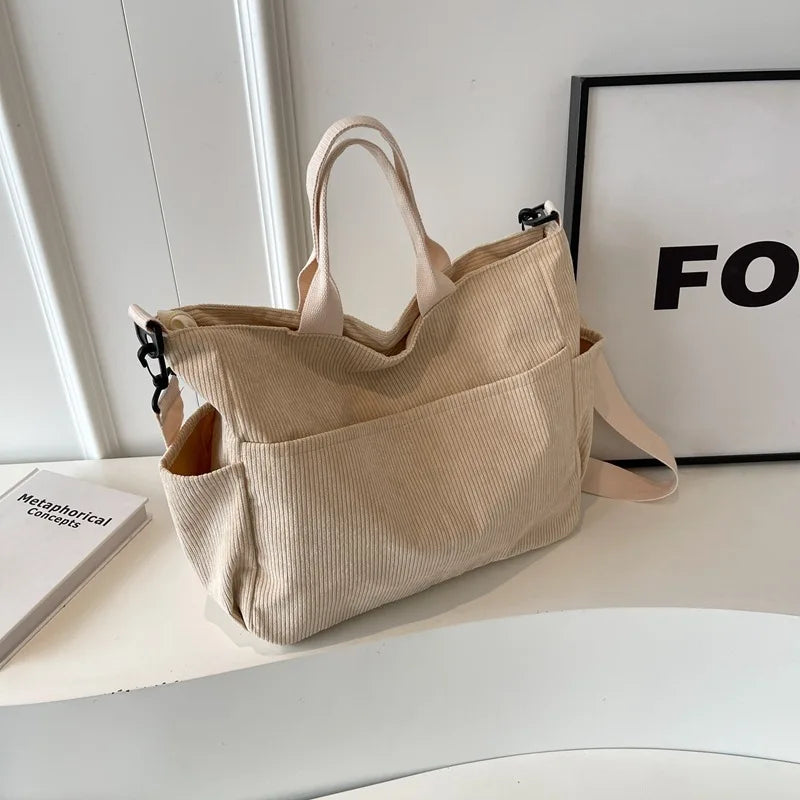 Multi-Pocket Corduroy Tote Bag – Large Capacity Casual Satchel for Travel, Work & Commute