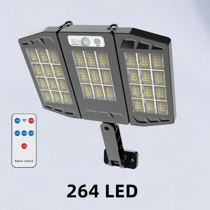 A black outdoor wall light fixture with 264 LEDs and a remote control is shown against a light gray background.