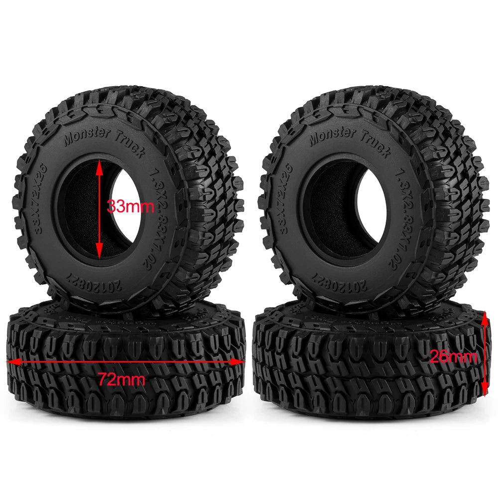 A set of black Monster Truck tires and wheels for RC crawlers, showing the tire and wheel separately.