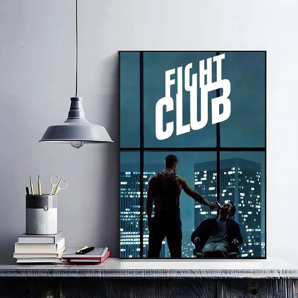 A framed poster of the Fight Club movie title in white text against a dark blue background.