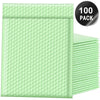 A stack of 100 green bubble mailers with a black label indicating the quantity.