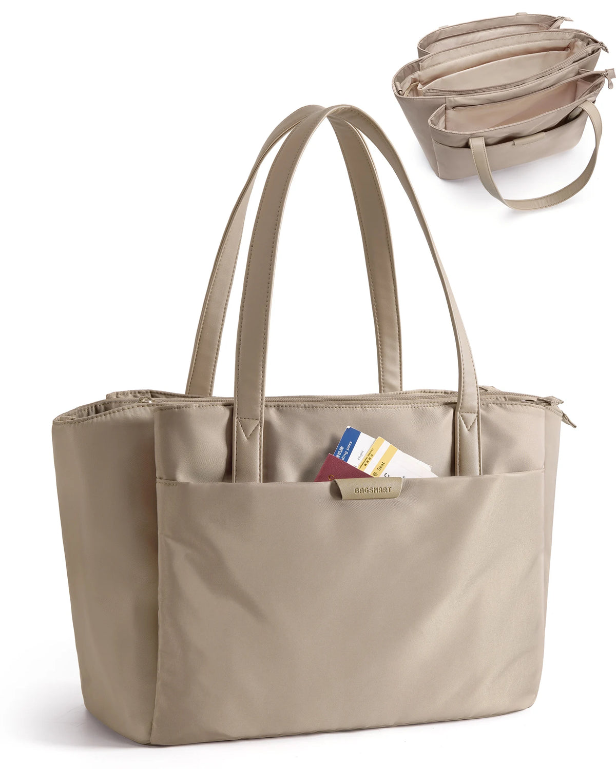 A beige structured laptop tote bag with convertible straps shown next to a stack of folded bags.