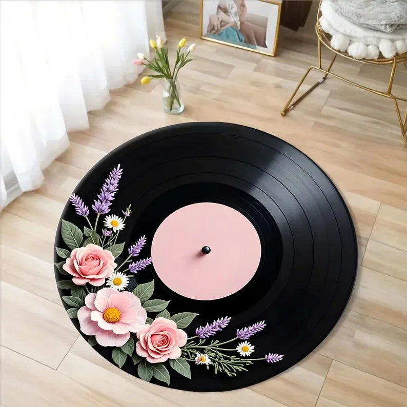 Retro Vinyl Record Round Rug – Soft Non-Slip Music Lover's Mat