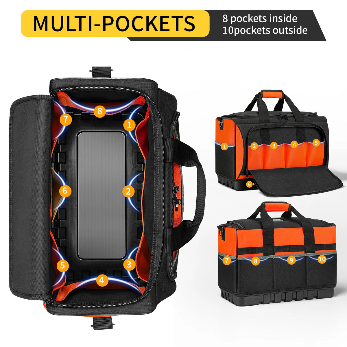 Black multi-pocket tool bag with 8 pockets inside and 10 pockets outside