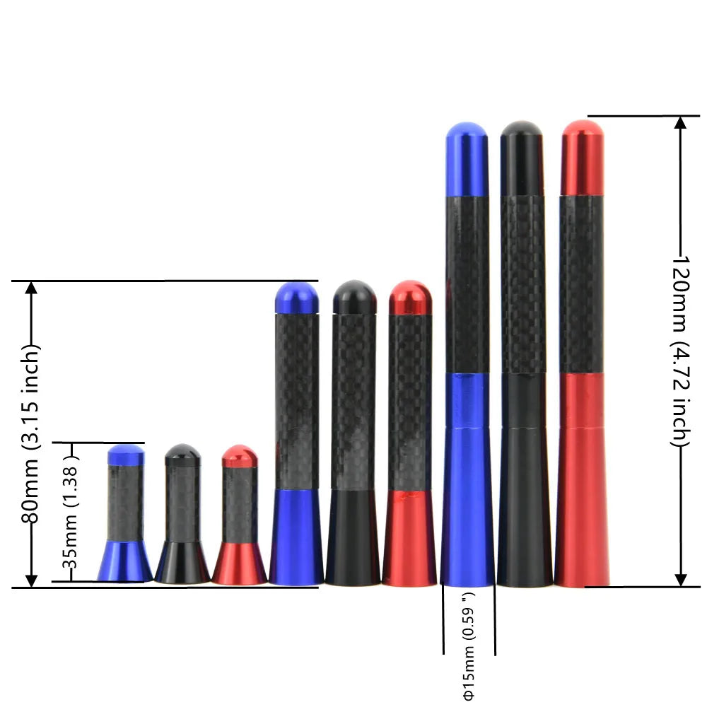 A set of short car antennas in various colors including blue, black, and red with carbon fiber accents.