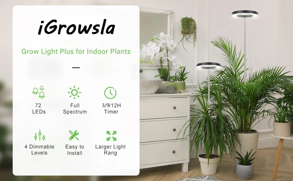 A white iGrowsla grow light fixture with a plant, showing features like 72 LEDs, full spectrum, and a timer.