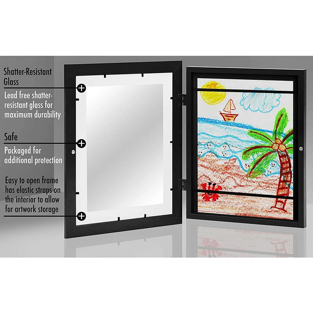 A black magnetic front photo display frame with shatter-resistant glass showing a colorful landscape painting.