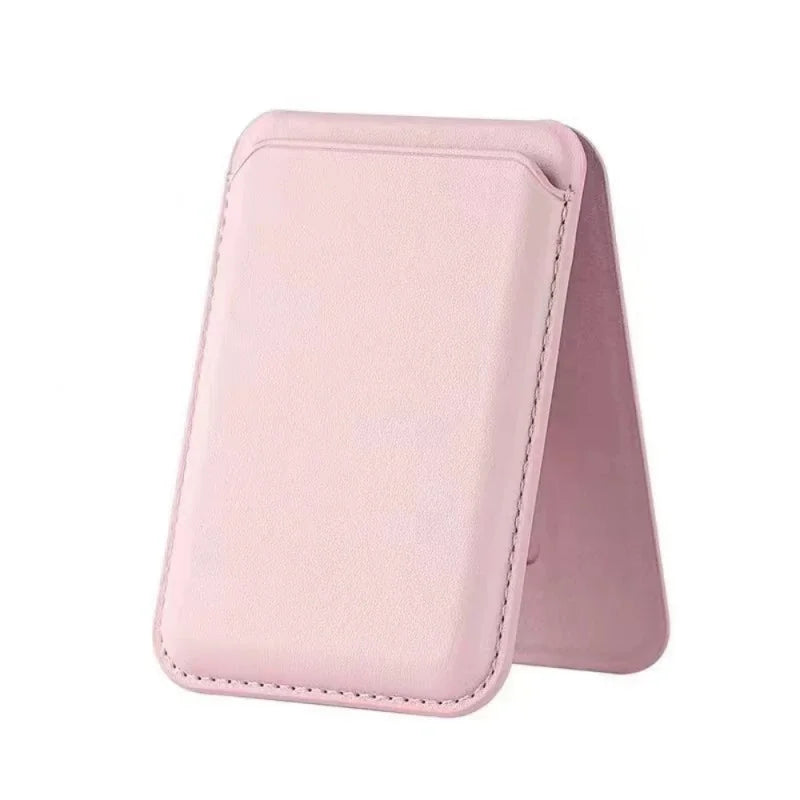 A pink magnetic leather wallet case with a kickstand for an iPhone.