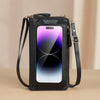 Black fashion phone pouch with a strap and card slots shown against a light background.
