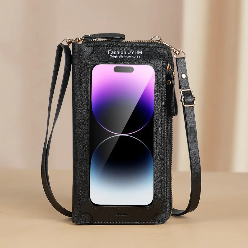 Black fashion phone pouch with a strap and card slots shown against a light background.