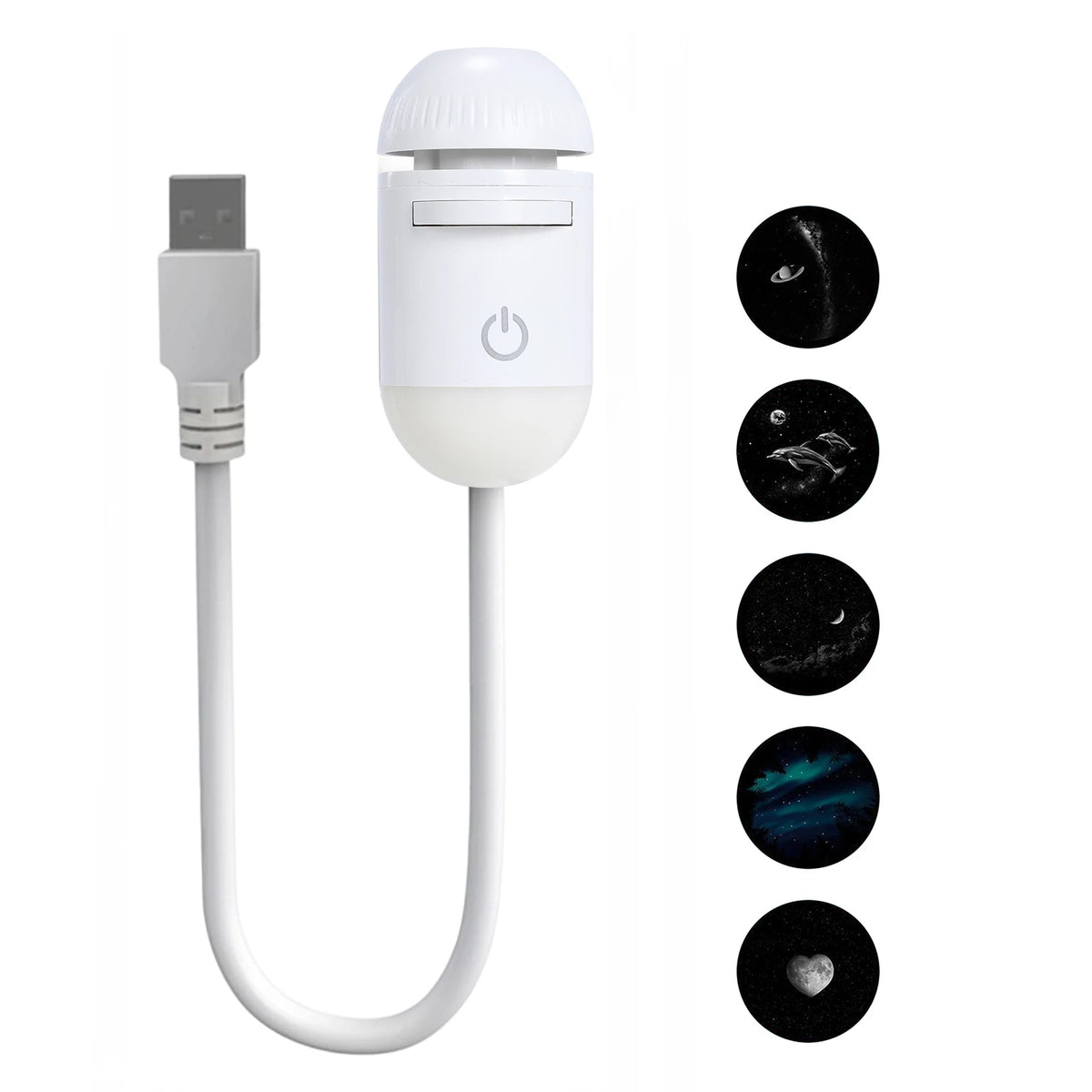 A white 2-in-1 mini projector night light with a USB connector and multiple star patterns displayed on the side.