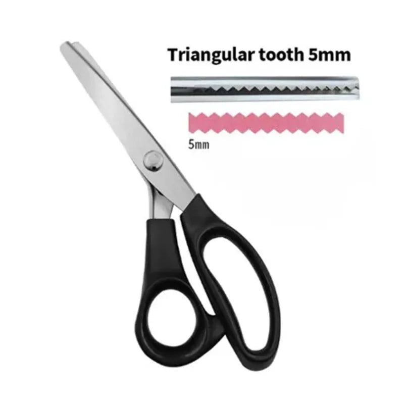 Stainless steel pinking shears with a 5mm triangular tooth for fabric crafting