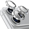 A set of HD tempered glass camera lens protectors for an iPhone, shown resting on a silver-colored device body.