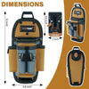 Dimensions and views of a Melotough 7-Pocket Technician Tool Pouch with Quick-Release Belt Clip in tan and black.