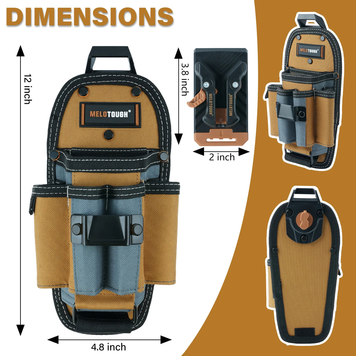 Dimensions and views of a Melotough 7-Pocket Technician Tool Pouch with Quick-Release Belt Clip in tan and black.