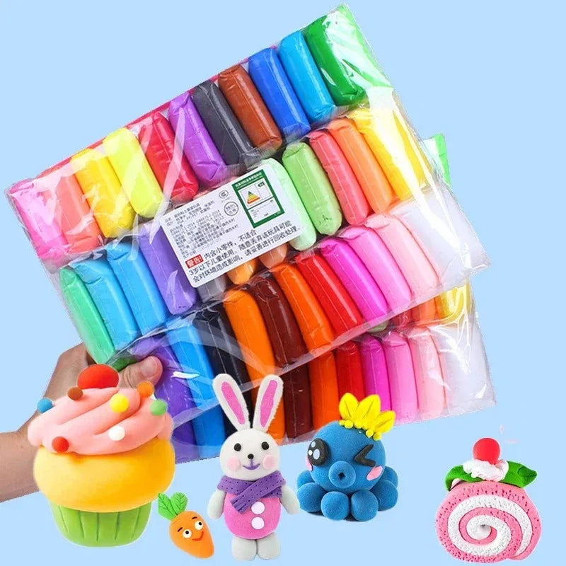 Bunte Auswahl an handgemachtem Lufttrocknungslehm für Kinder in verschiedenen Farbtönen und Verpackungen.