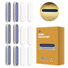 A set of outdoor solar step lights in a cardboard box showing various light designs and features.