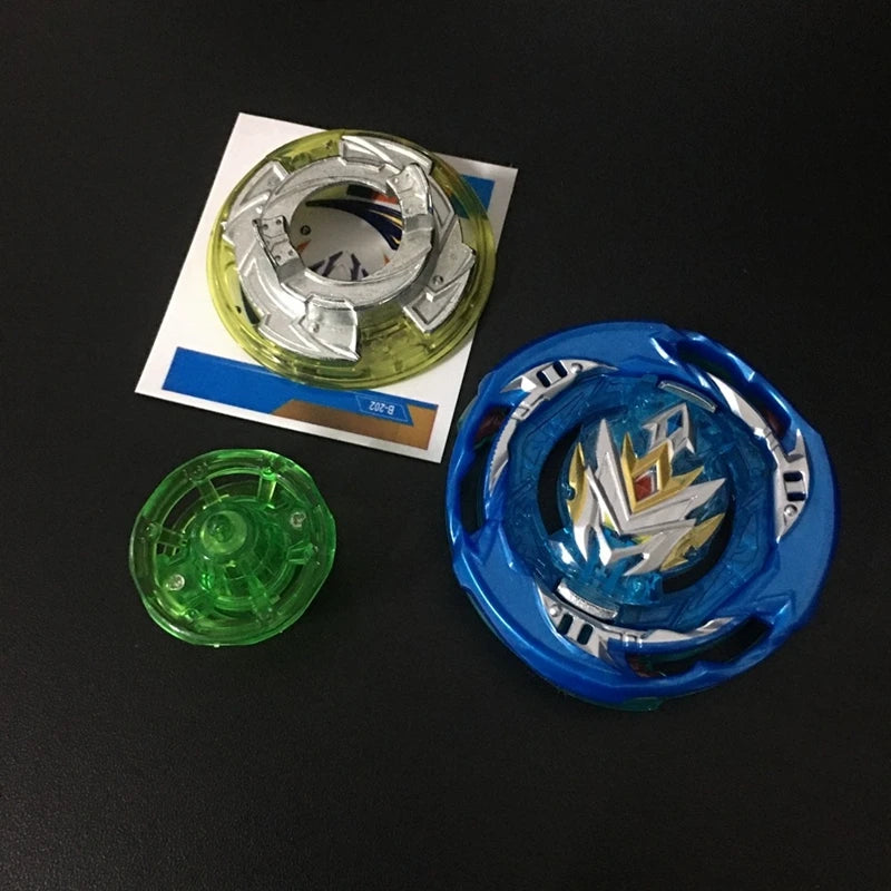 A metal battle spinning top in green and blue, shown with its packaging.
