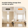 Invisible folding storage room divider curtains shown in a bright room with wooden floors and a bed.