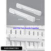 White connector boards for a pegboard organizer with hooks and shelves