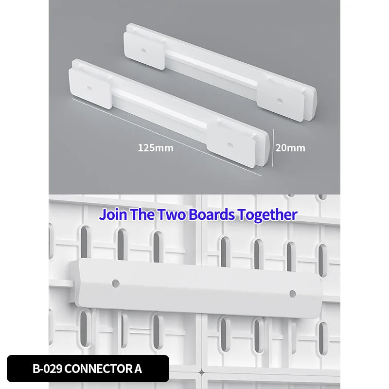White connector boards for a pegboard organizer with hooks and shelves