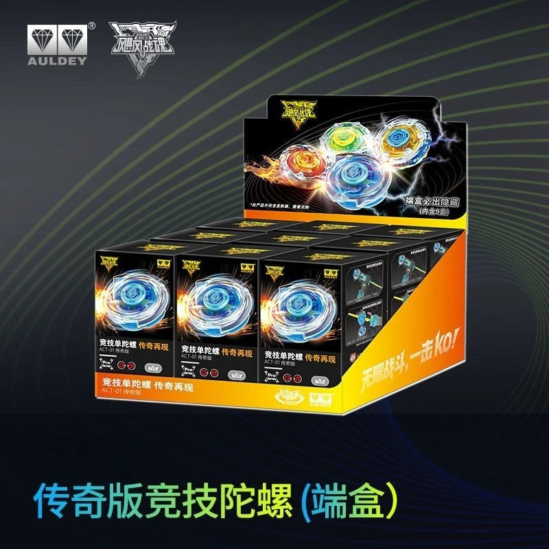 A box of AULDEY Infinity Nado Spin Force Battle Top with Launcher featuring a glowing blue spinning object.