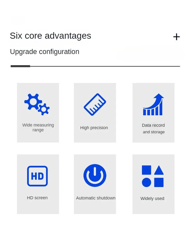 Features of a six core upgrade configuration including wide measuring range, high precision, HD screen, automatic shutdown, a