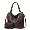 A dark brown PU leather tote bag with a detachable crossbody strap shown from the front.