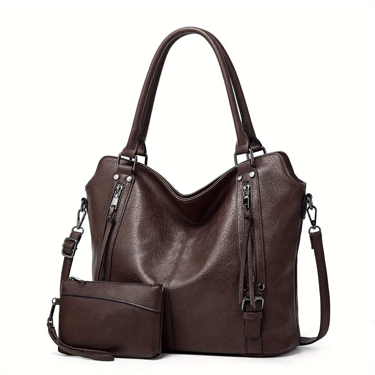A dark brown PU leather tote bag with a detachable crossbody strap shown from the front.