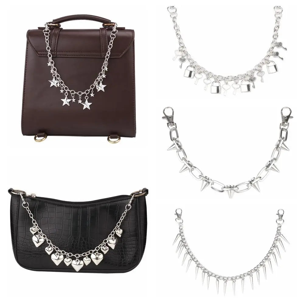 A set of elegant silver metal chains and straps for handbags and purses shown alongside a brown leather bag and a black leath