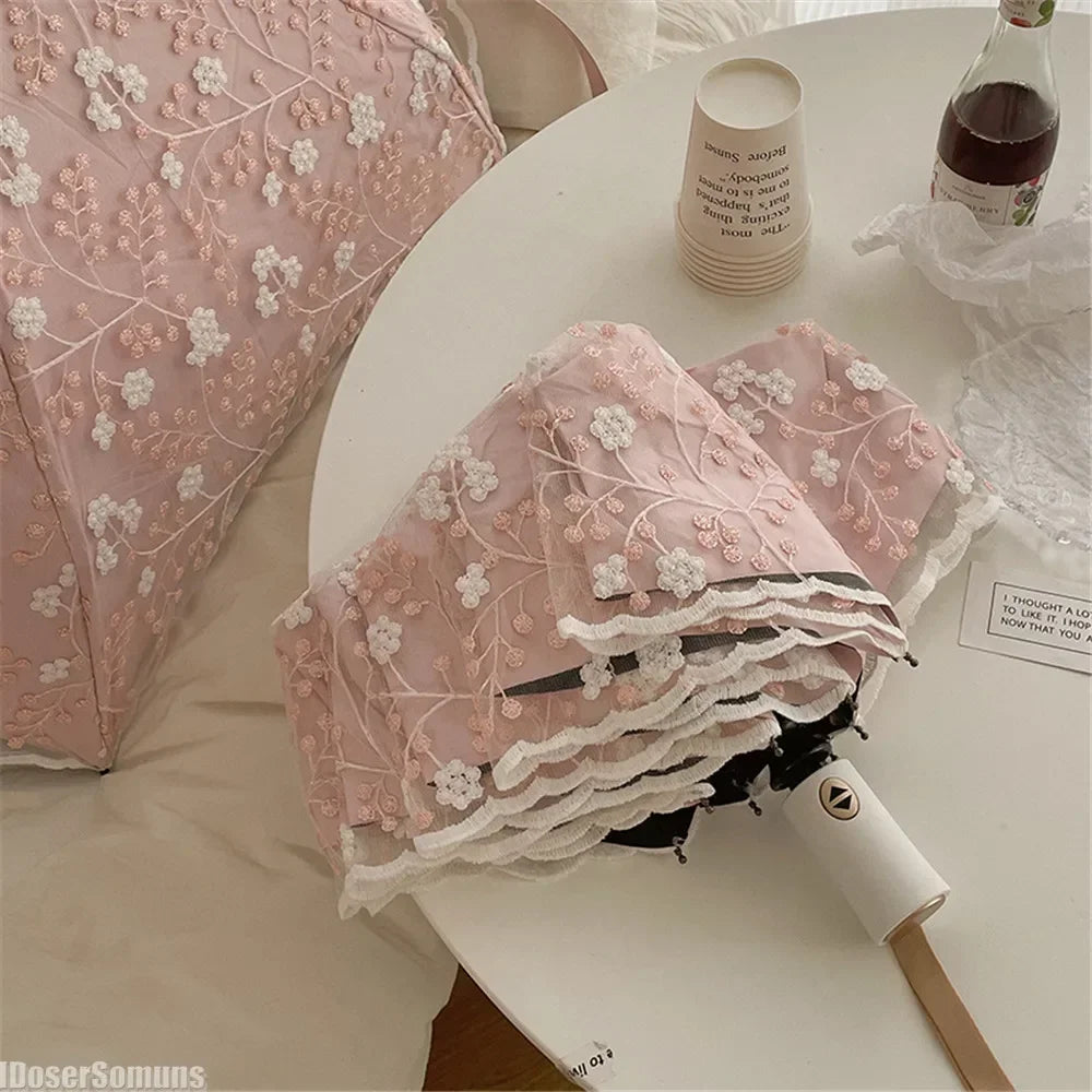 Pink lace double-layer folding umbrella with automatic open and close features