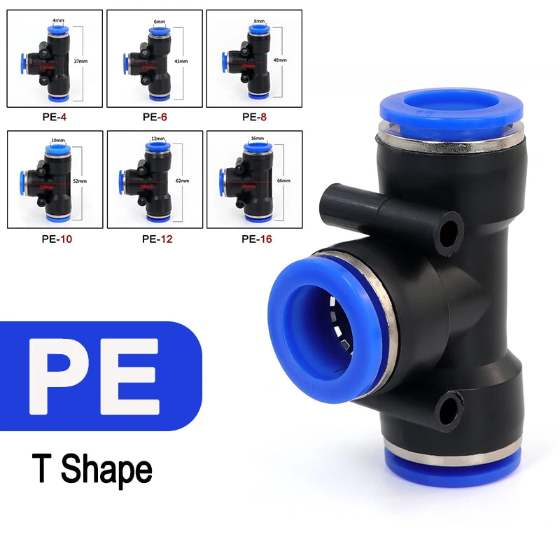 A set of black and blue T-shaped pneumatic quick push-in fittings for air compressor tubing, shown with various PE sizes.