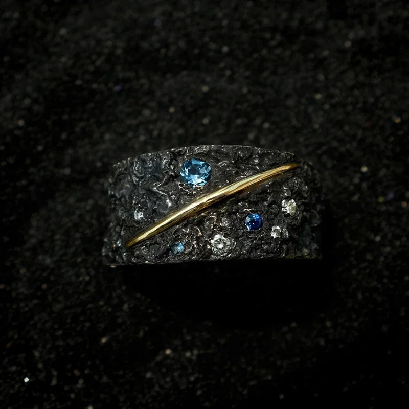 Starry Sky Blue Gemstone Ring with Silver Plating